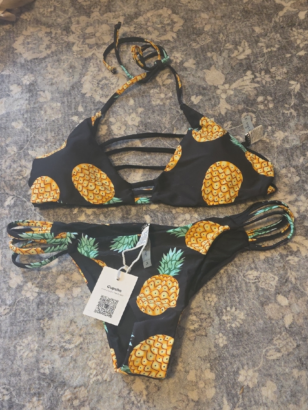 Cupshe Black Pineapple Print Strappy Bikini
